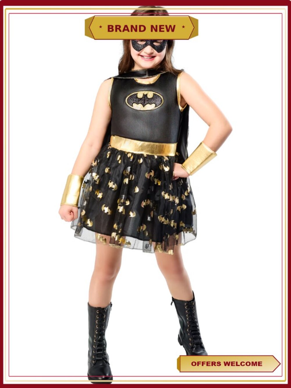 Batgirl Costume Girls L 10/12 Dress Belt Gauntlets Mask Halloween